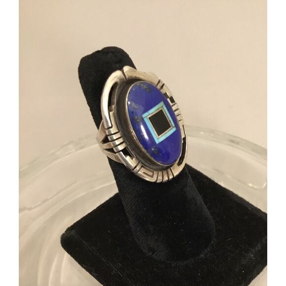 Vintage Gilbert Nelson Navajo Sterling Lapis/Turquoise/Onyx Inlay Ring Sz 5.5 - Picture 1 of 8